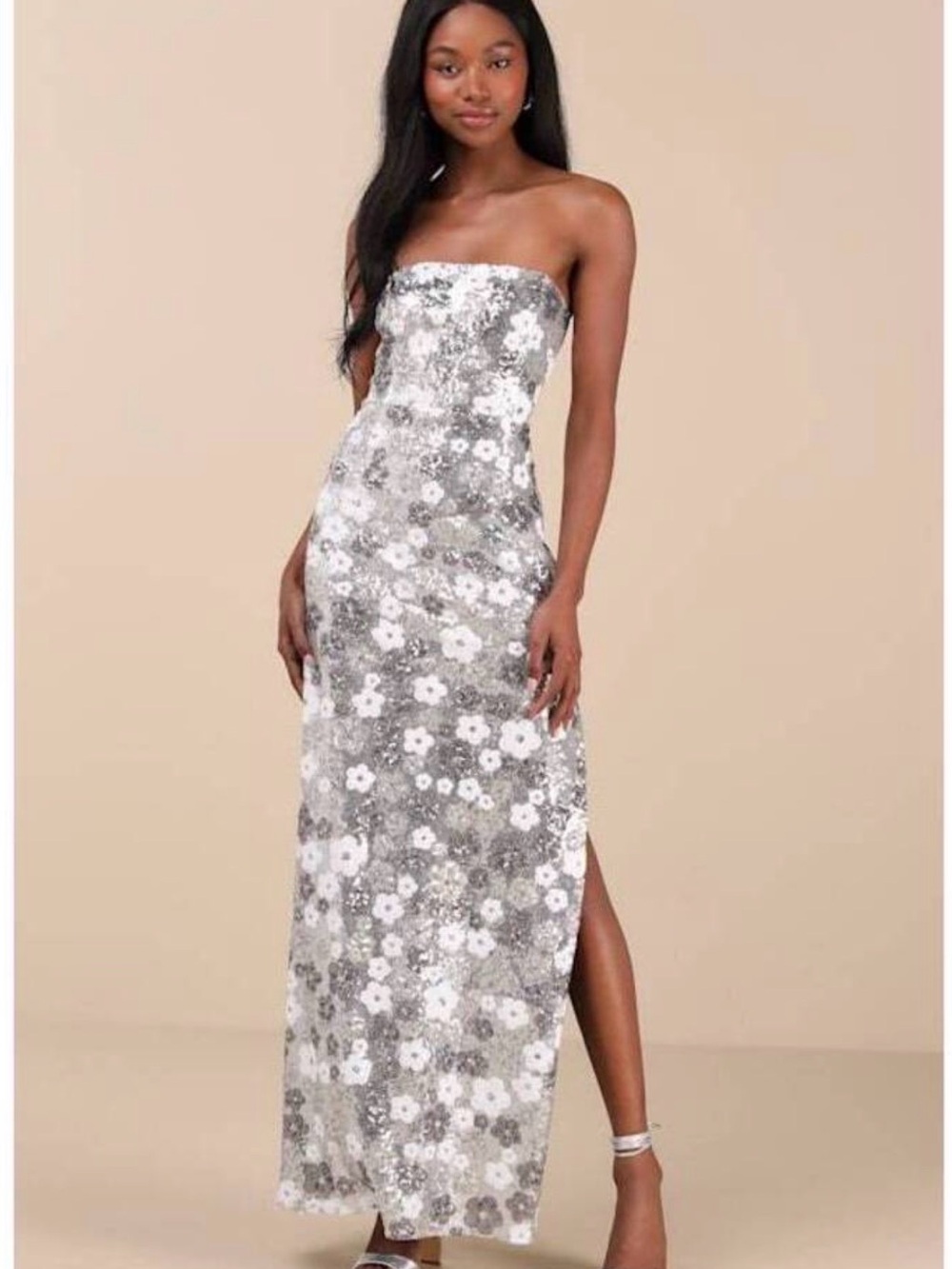 Lulus Strapless Silver & White Floral Sequin Maxi Dress